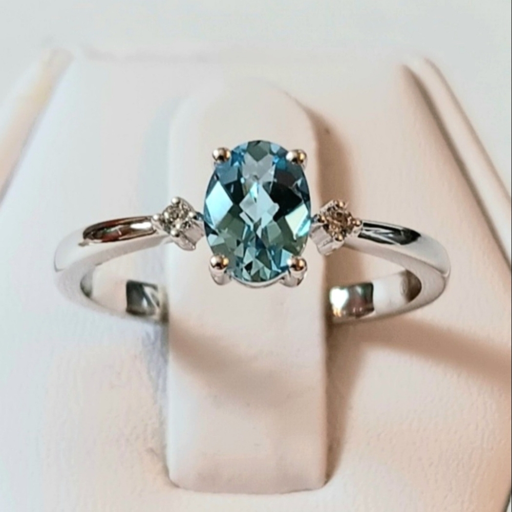 10k Gold Ring Blue Topaz Diamonds real 10kt White gold New
